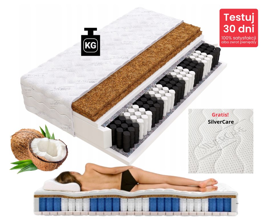 Materac Sprężynowy Kieszeniowy H3/H5 MEDICAL HARD SILVER z Kokosem 22cm